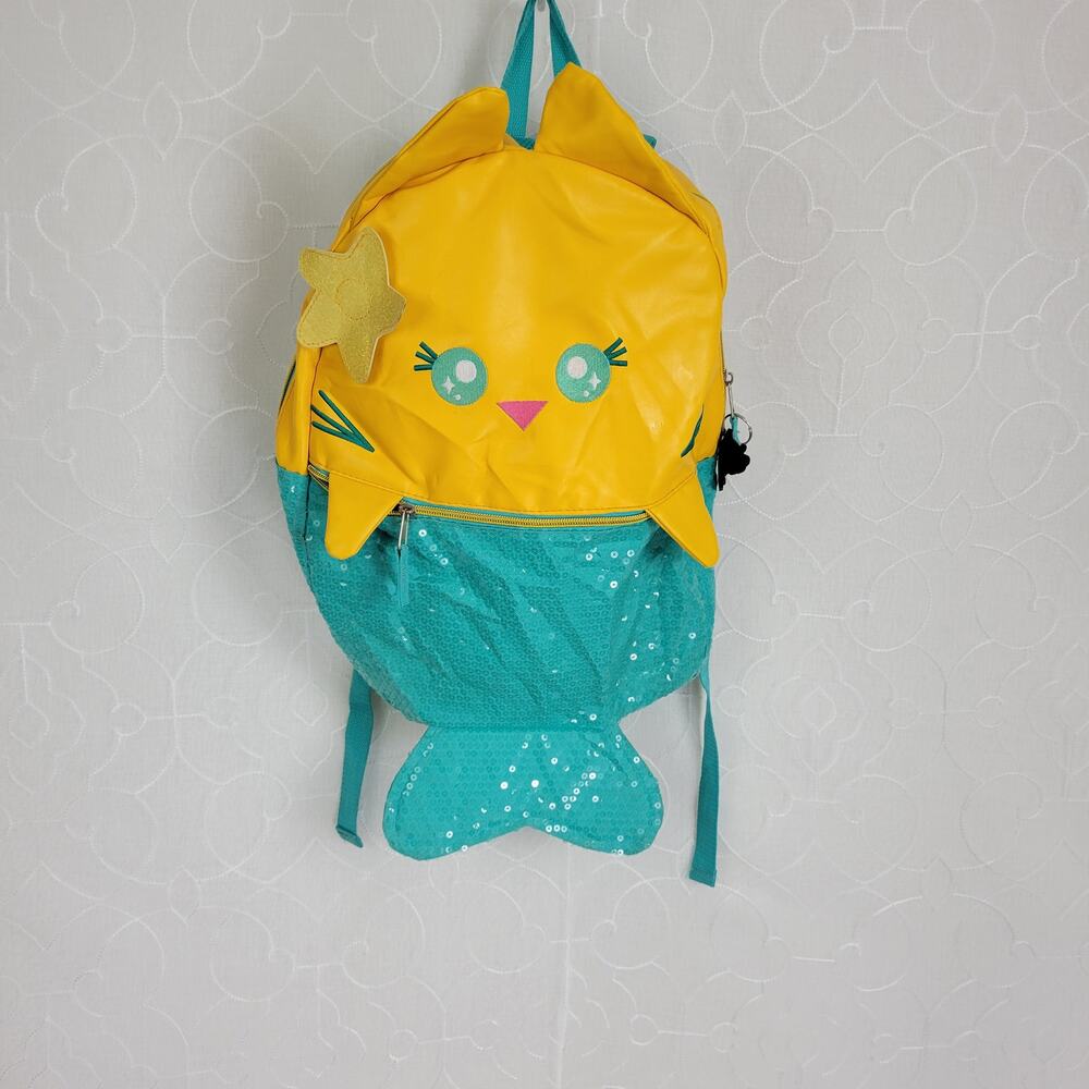 Meowgical Purrmaid Kids Backpack Yellow Blue Faux Leather‎ Sequins School Bag